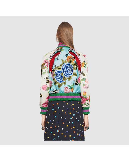 Gucci Rose Print Silk Bomber Lyst